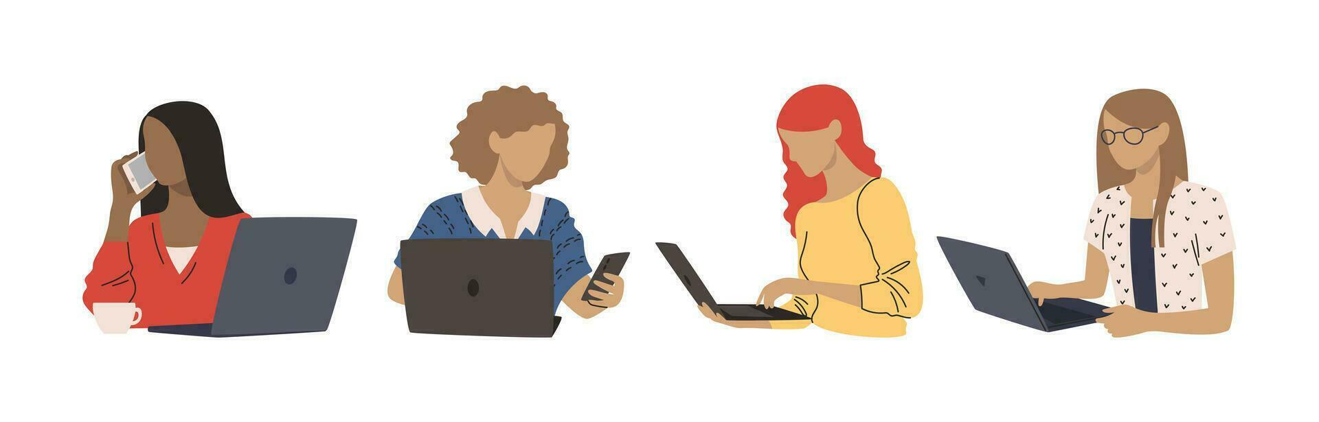 uppsättning av företag kvinnor. vektor illustration av olika multietnisk kvinnor med bärbar dator och smartphone. företag lady isolerat på vit