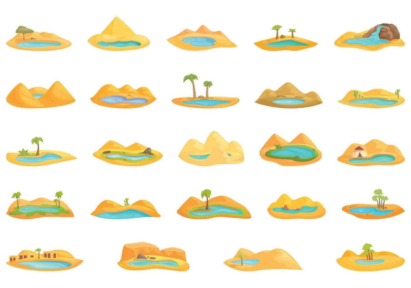 sjö i öken- ikoner uppsättning tecknad serie vektor. handflatan träd oas vektor