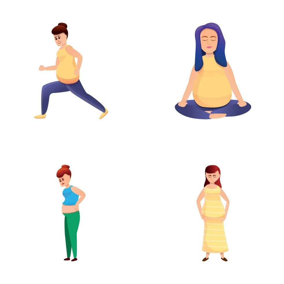 aktiva graviditet ikoner uppsättning tecknad serie vektor. ung kvinna gravid karaktär vektor