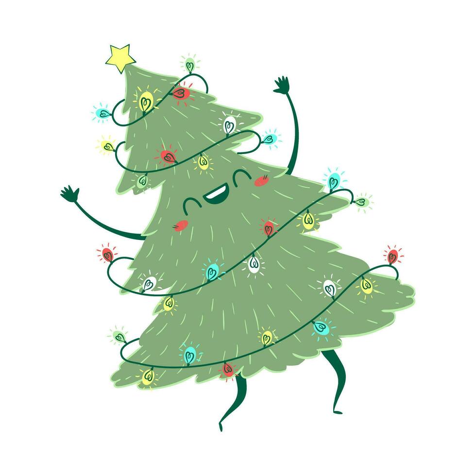 kawaii Gekritzel Weihnachten Baum Tanzen. Kinder- handgemacht naiv Stil. einfach Neu Jahr Charakter isoliert auf Weiß Hintergrund. glücklich Fichte Konzept. vektor