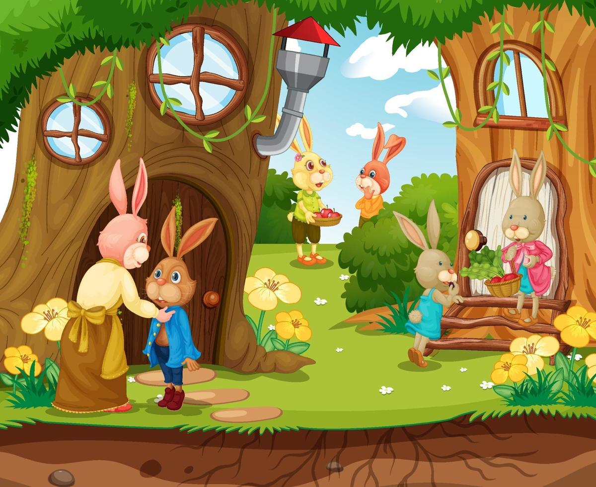 trädgårdsscen med kaninfamiljens seriefigur vektor