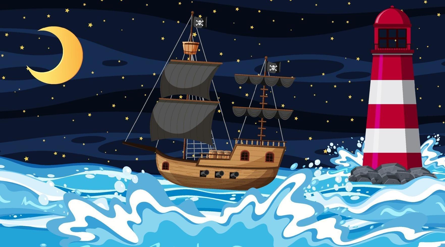 Ozean mit Piratenschiff bei Nachtszene im Karikaturstil vektor