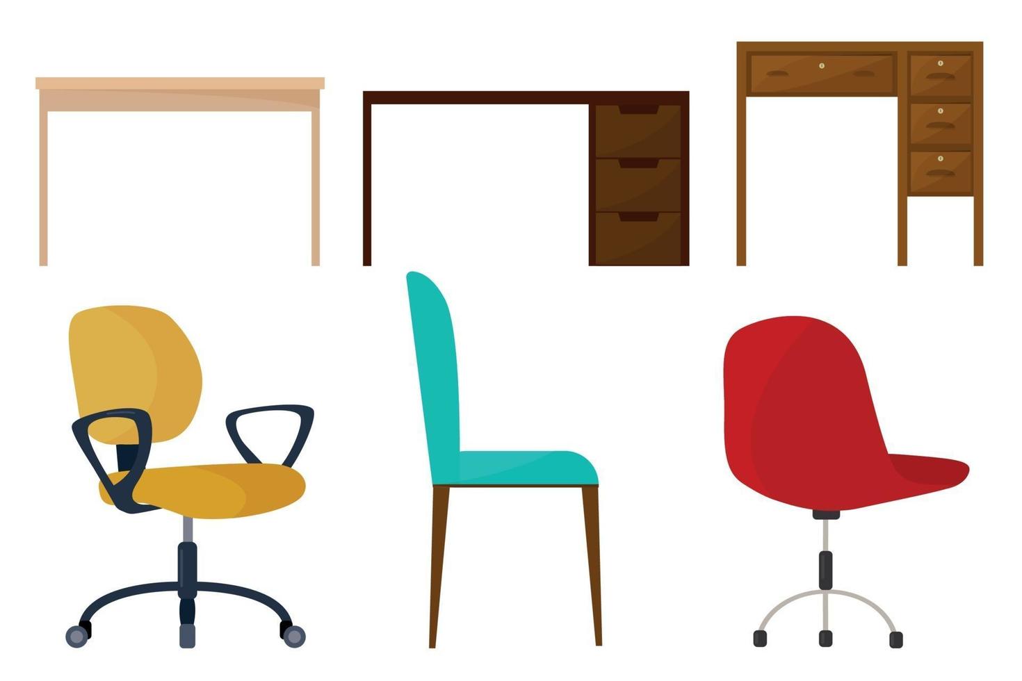 Vektorset aus drei Tischen und drei Stühlen. Schreibtisch. Design-Elemente. vektor