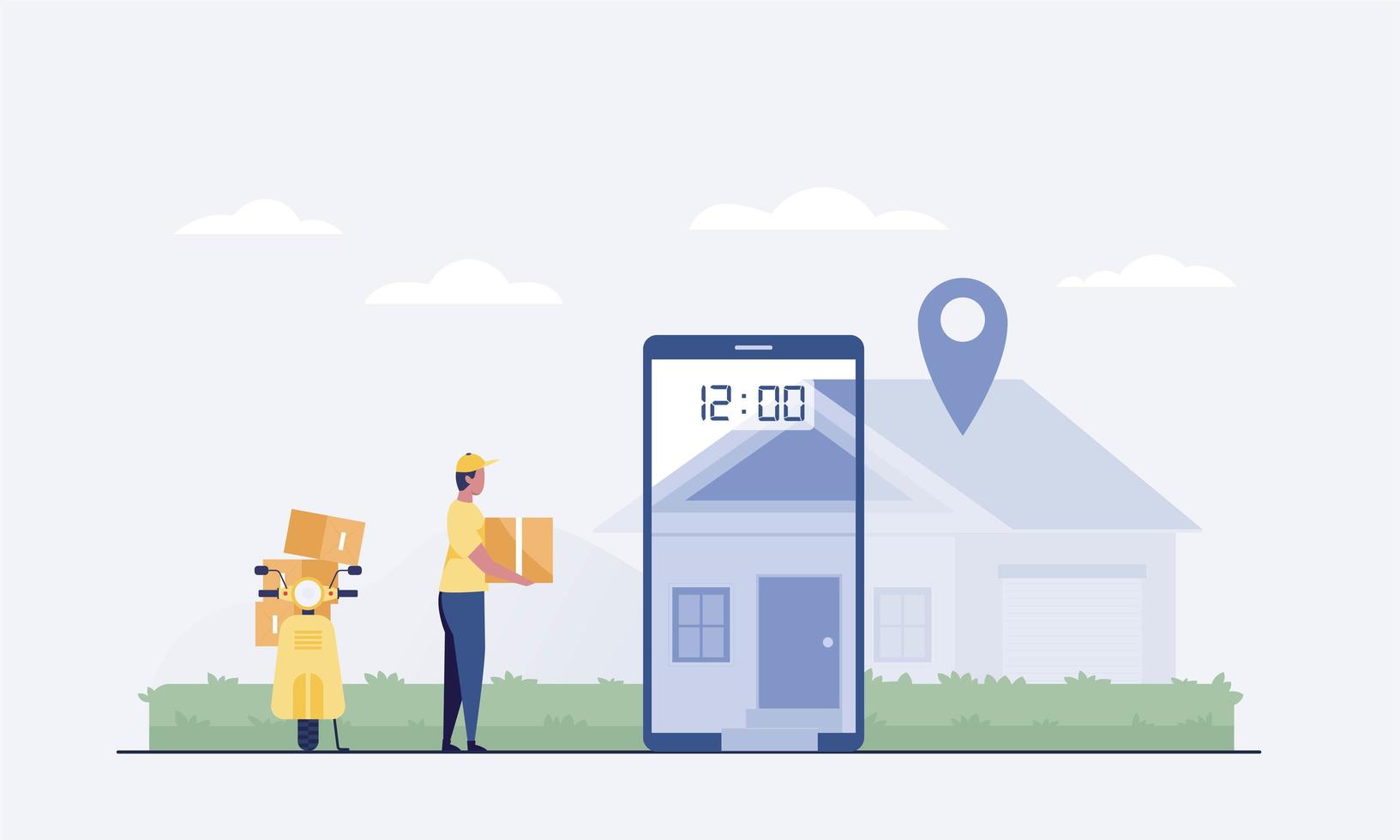 kurir på skoter som levererar paketlåda. smartphone med mobilapp. vektor