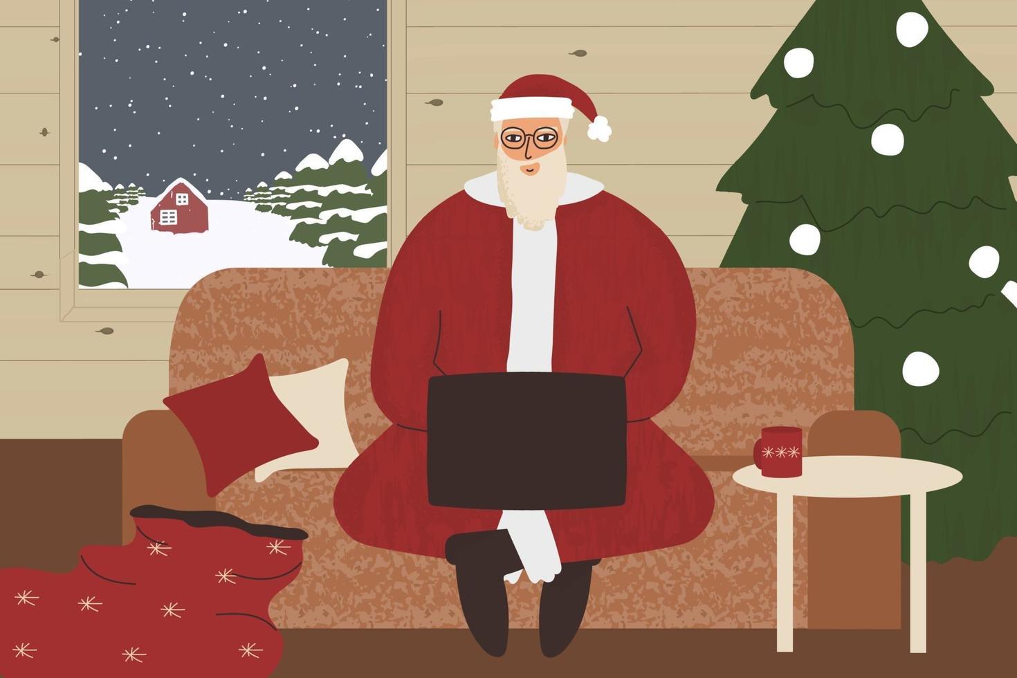 Weihnachtsmann sitzt auf dem Sofa mit Laptop im Holzhaus vektor