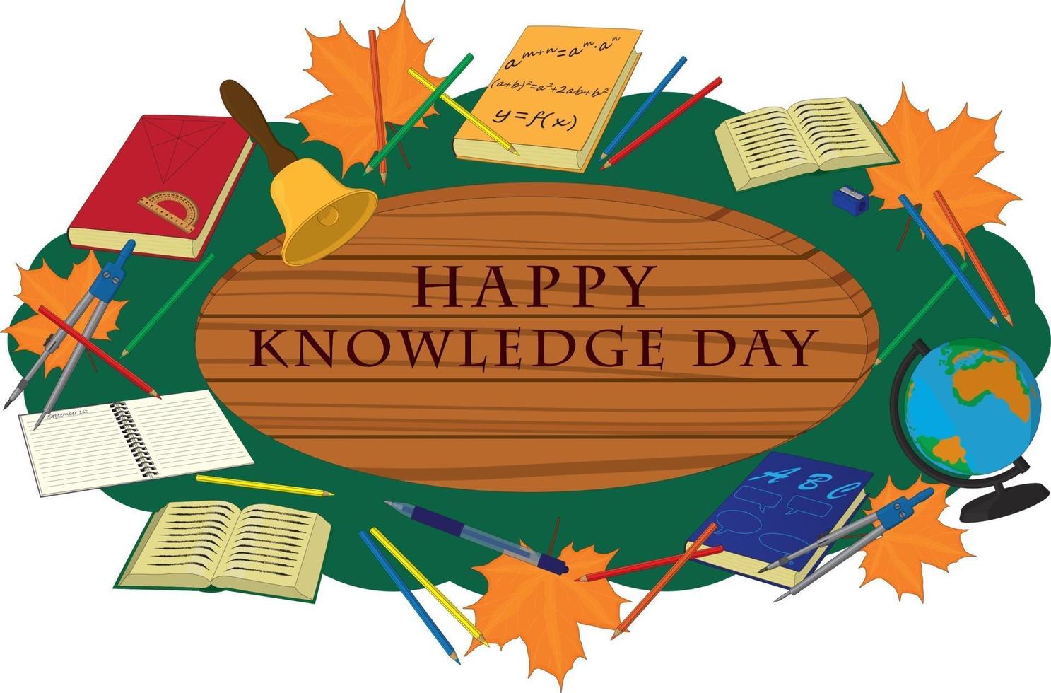 Happy Knowledge Day Holzschild verziert mit Schulmaterial vektor