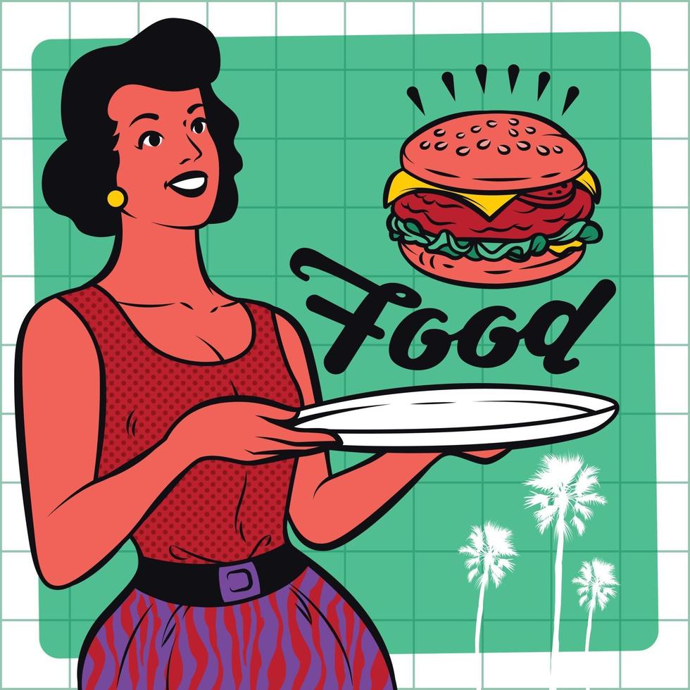 retro servitris som serverar burger clipart illustration vektor