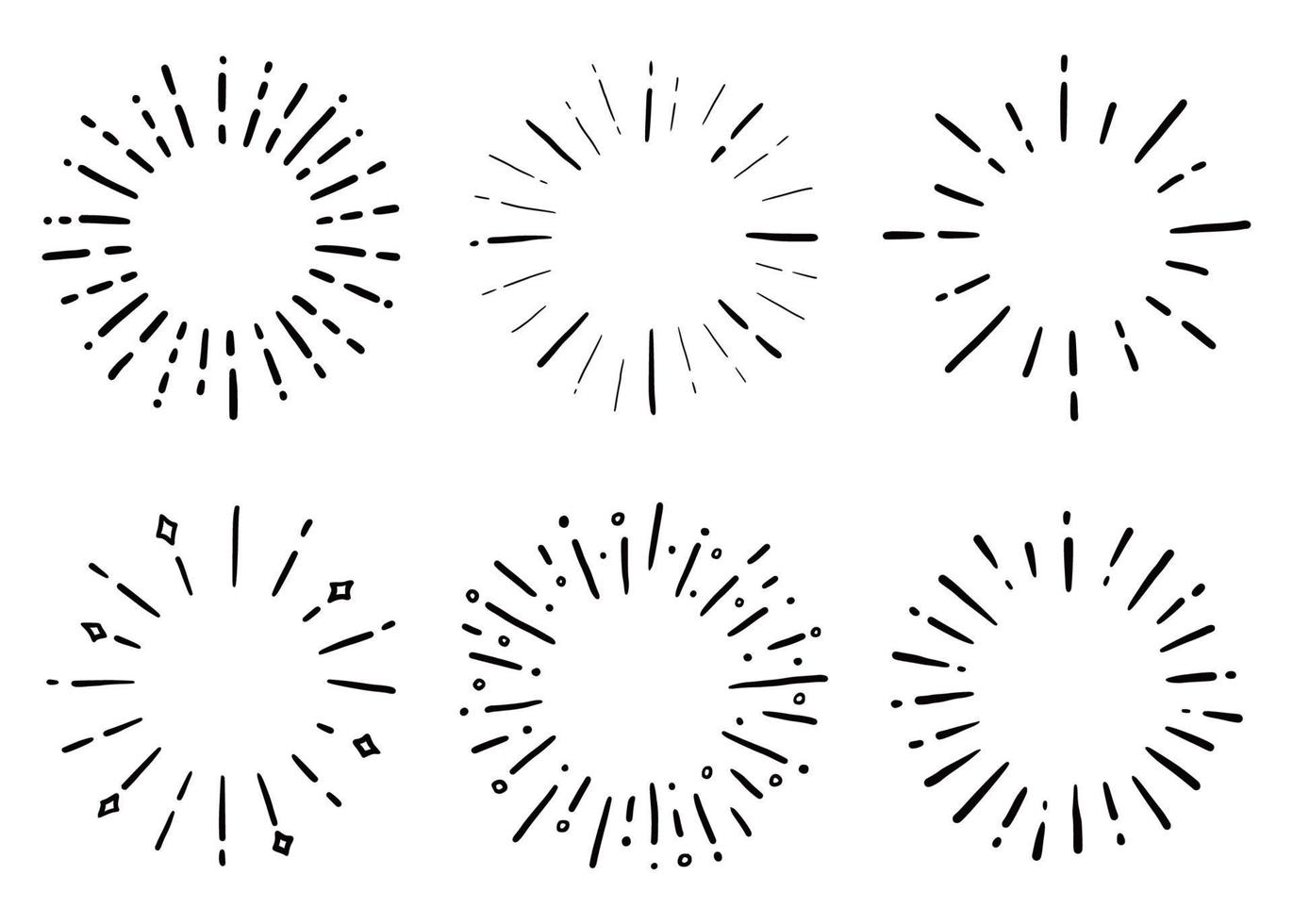 Handgezeichneter Satz von Sunburst-Glanzstrahl. Gekritzel vektor