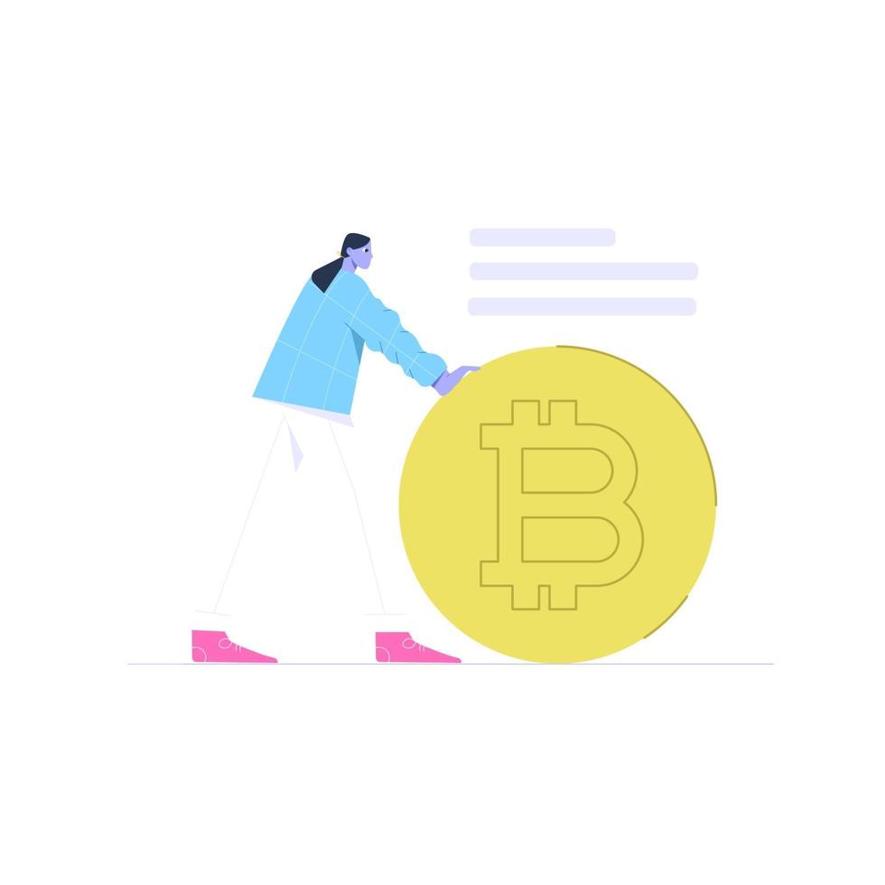 kvinna med gigantisk bitcoin platt illustration vektor
