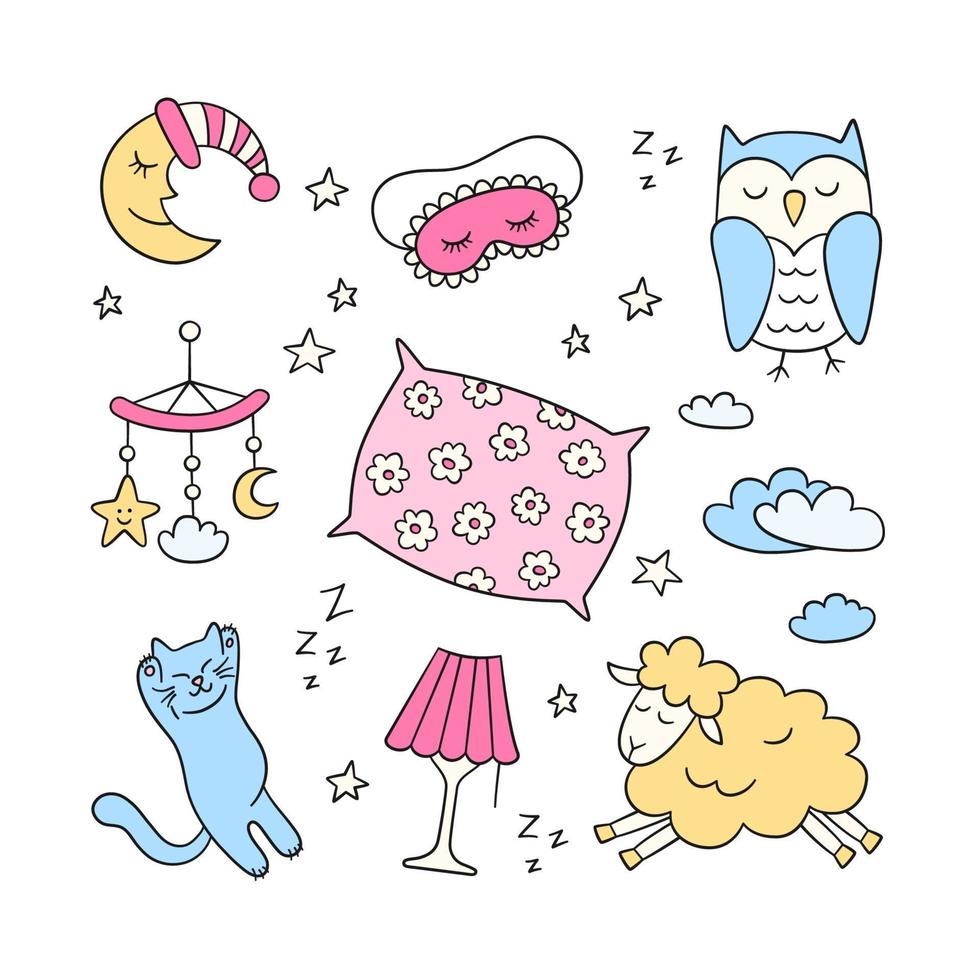 sömnuppsättning i doodle -stil. god natt symboler måne, lampa, katt, kudde vektor