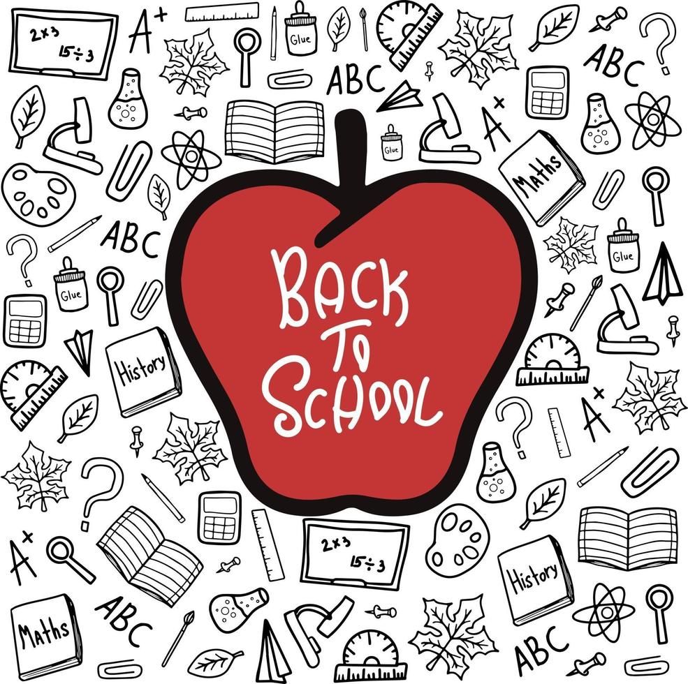 zurück zu Schule doodle schwarze Vektorelemente mit rotem Apfel Clipart vektor