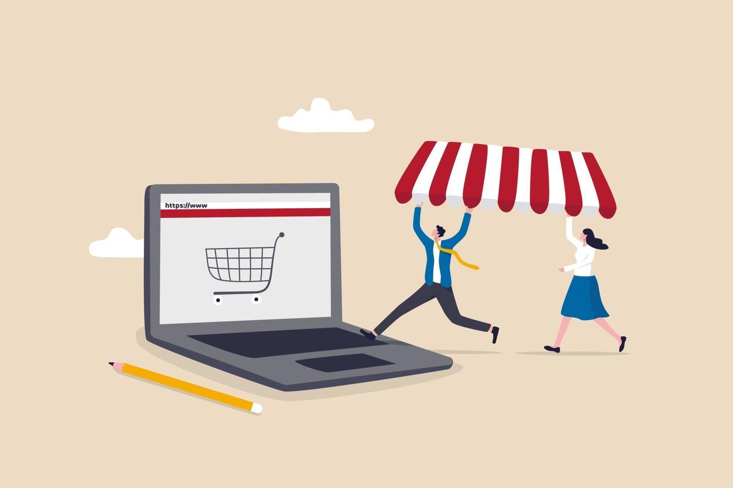 Shop online eröffnen, E-Commerce-Shop starten, der Produkte online verkauft vektor