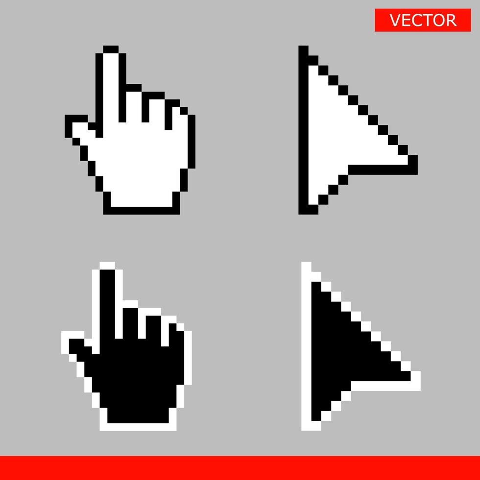 Schwarz-Weiß-Pfeil-Pixel und Pixel-Maus-Hand-Cursor vektor