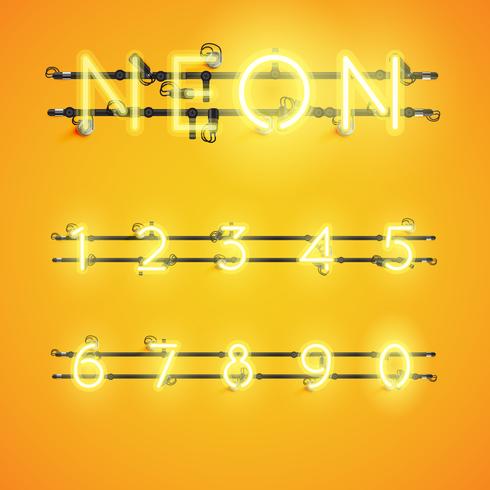 Gelber realistischer Neonzeichensatz mit Drähten und Konsole, Vektorillustration vektor