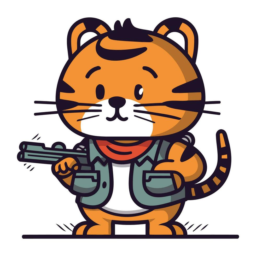 süß Tiger mit ein Gewehr im seine Hand. Vektor Illustration.