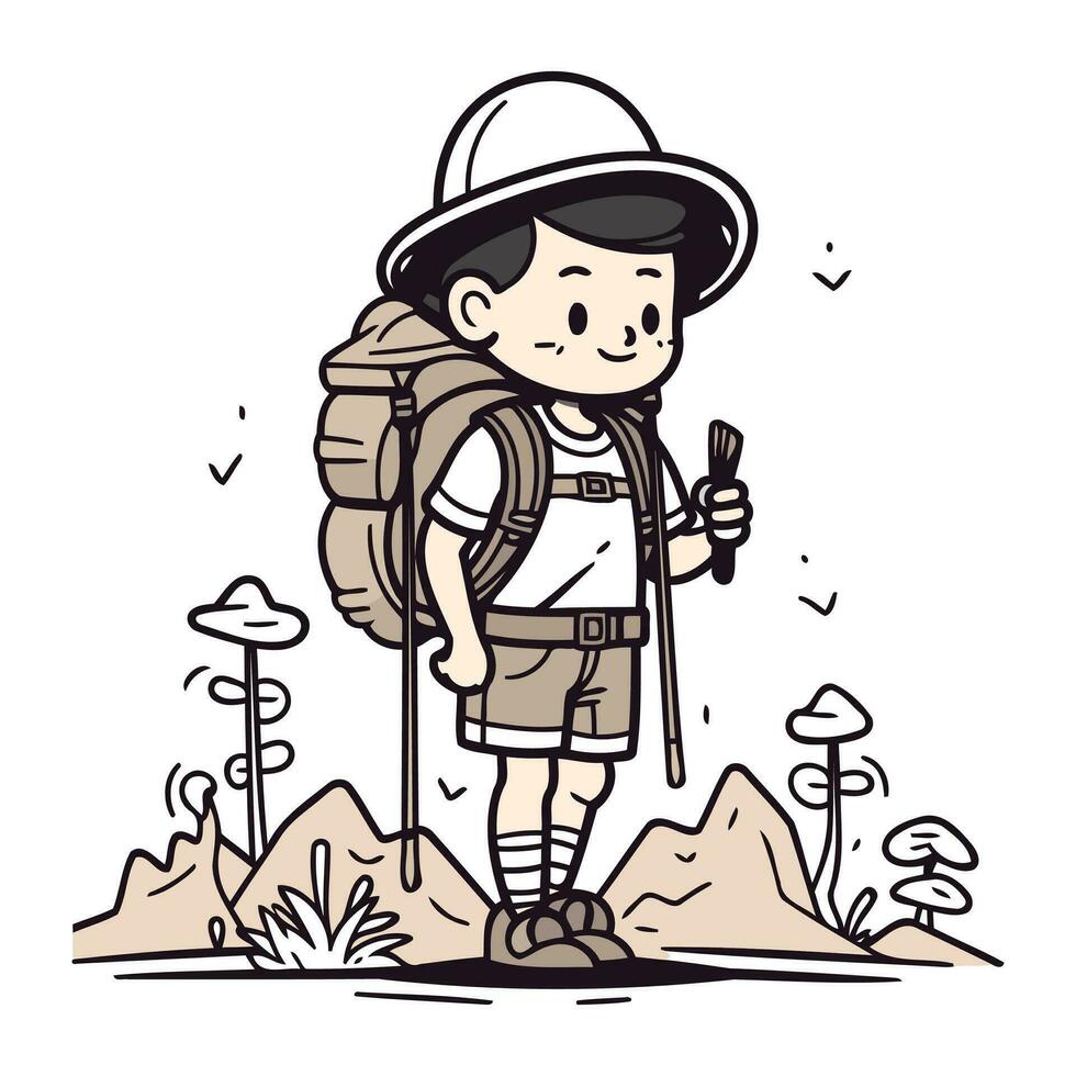 Junge Wanderer mit Rucksack und Karte. Vektor Illustration im Karikatur Stil.