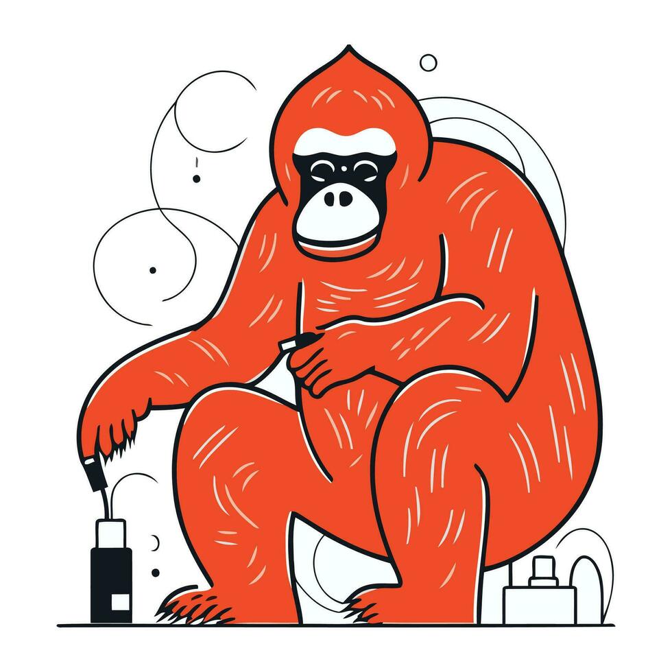 gorilla Sammanträde på de golv och rökning cigarett. vektor illustration.