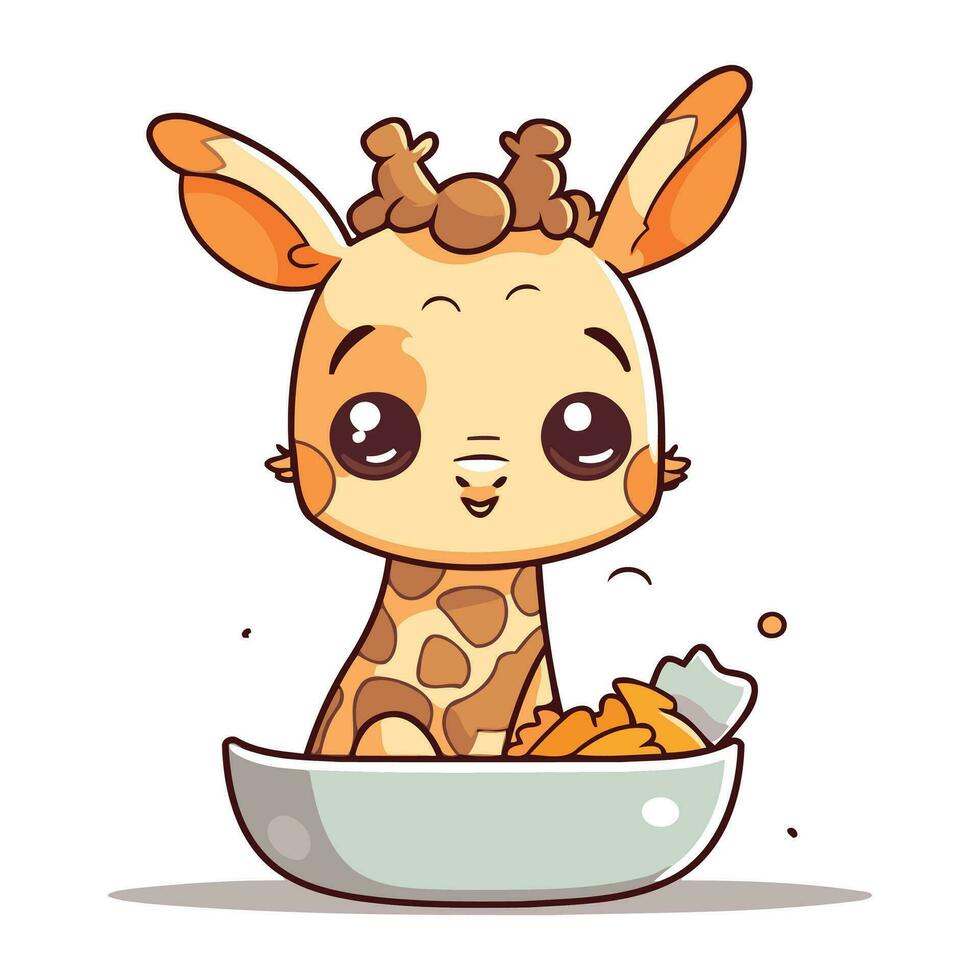 süß Karikatur Giraffe Sitzung im ein Schüssel von Lebensmittel. Vektor Illustration