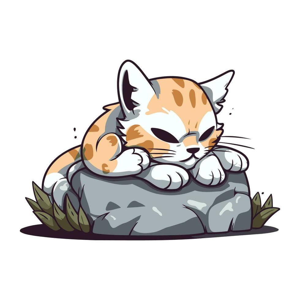Illustration von ein Katze Schlafen auf ein Felsen. Vektor Illustration.