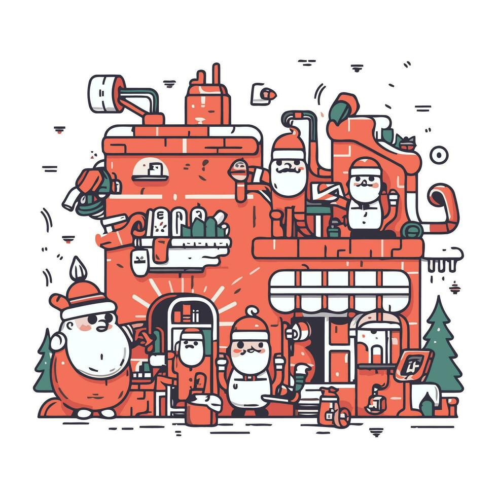 Vektor Illustration von Santa claus und Weihnachten Baum Haus. Linie Kunst Design zum Netz. Seite? ˅. Werbung. Banner. Poster. Tafel und drucken.