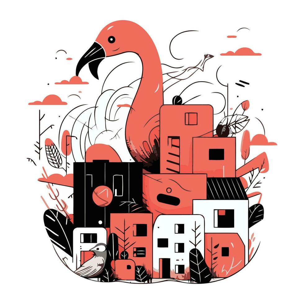 flamingo i de stad. vektor illustration. platt stil.