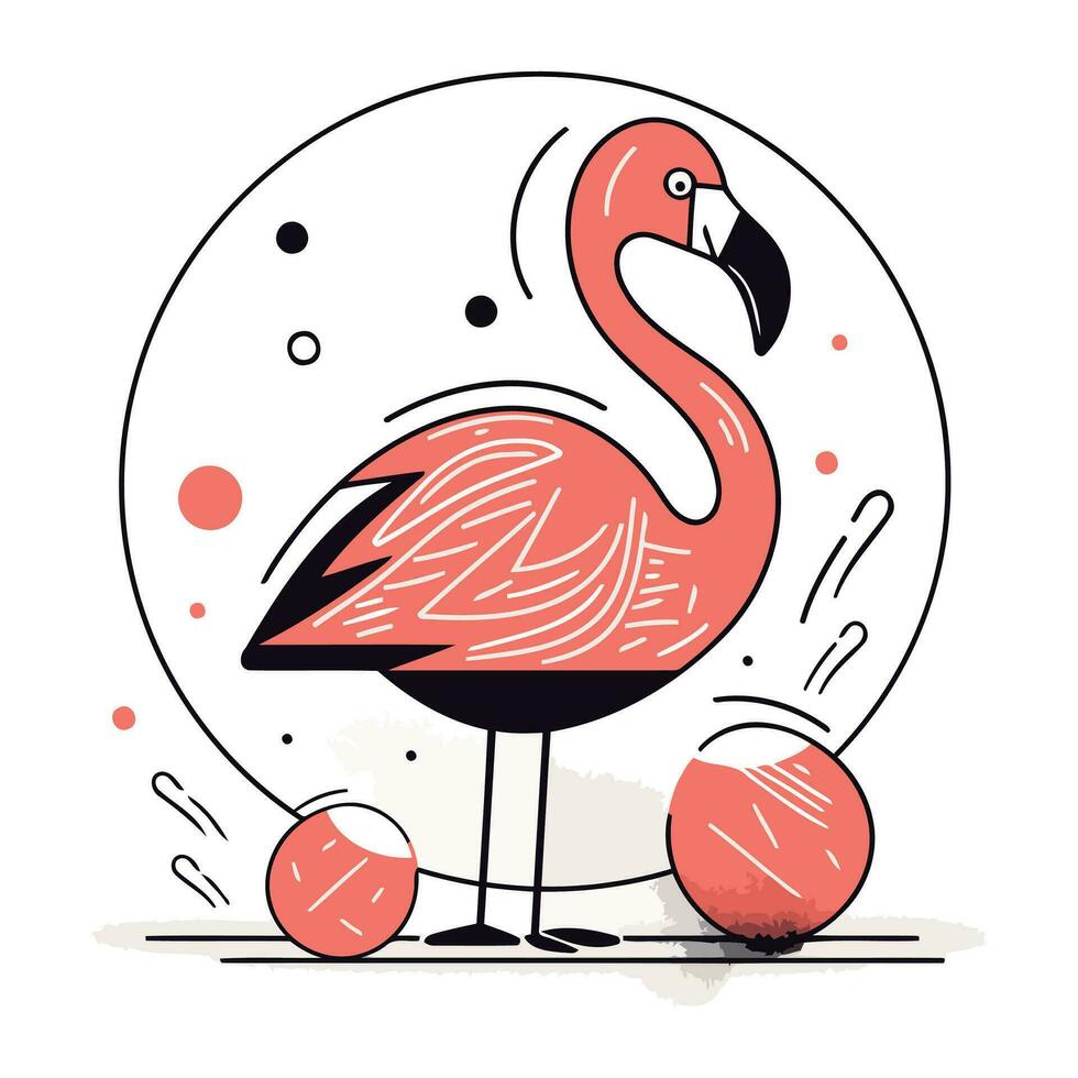 Flamingo und Bälle. Vektor Illustration im Gekritzel Stil.