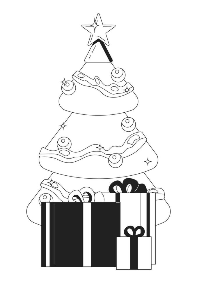 gåvor jul träd svart och vit 2d tecknad serie objekt. gran ny år. presentlåda xmas träd isolerat vektor översikt Artikel. festlig firande. x mas gran gåva lådor enfärgad platt fläck illustration