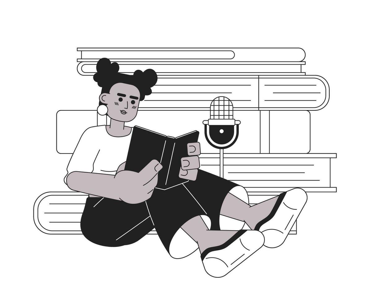 Hörbuch Erzähler schwarz und Weiß 2d Illustration Konzept. Buch Geschichtenerzählen Frau afrikanisch amerikanisch isoliert Karikatur Gliederung Charakter. Erzähler Mikrofon Metapher einfarbig Vektor Kunst