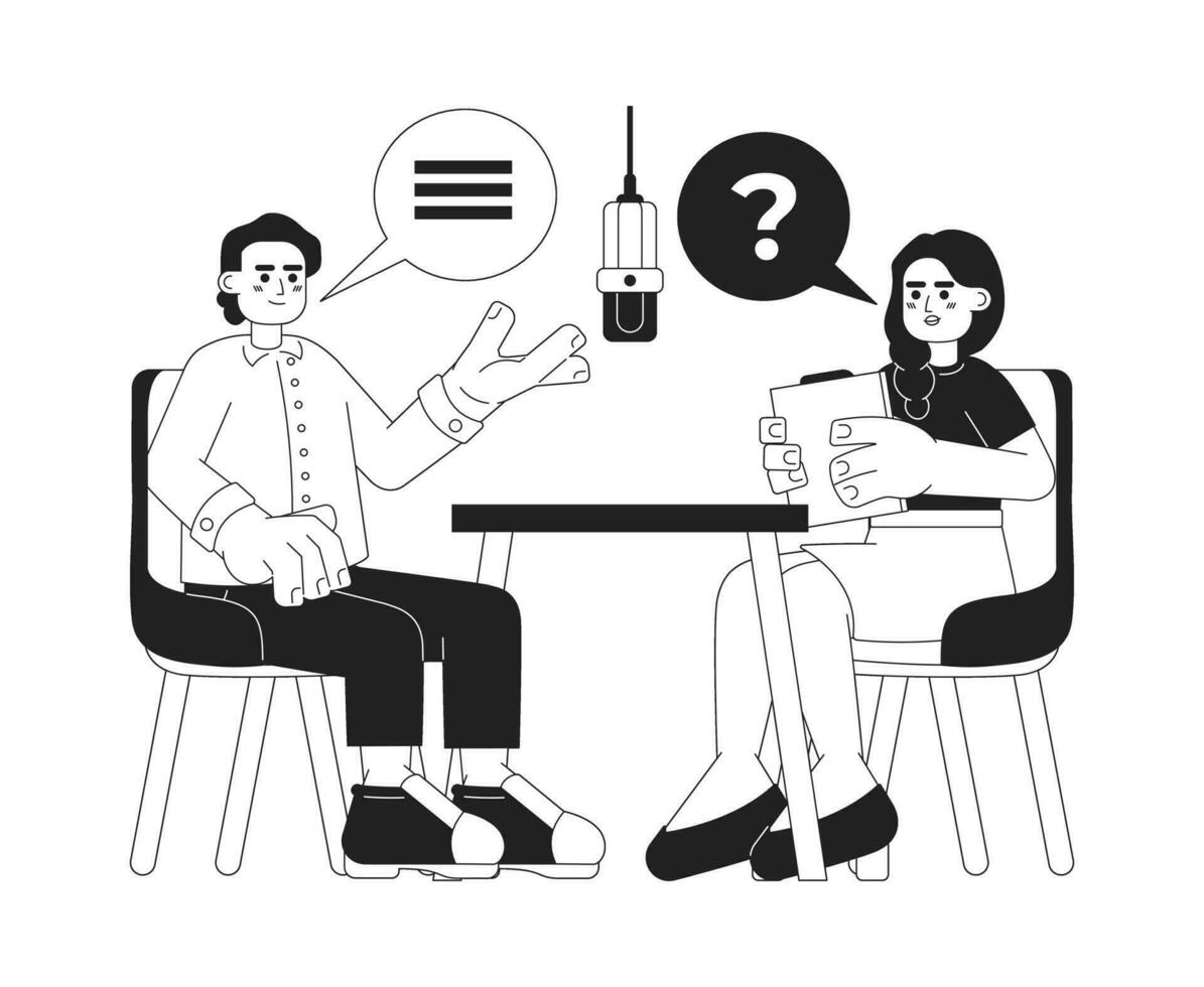 Interview Podcast schwarz und Weiß Karikatur eben Illustration. indisch Erwachsene Frau Interviewer fragen Frage Befragter linear 2d Zeichen isoliert. Gastgeber Gast Gespräche monochromatisch Szene Vektor Bild