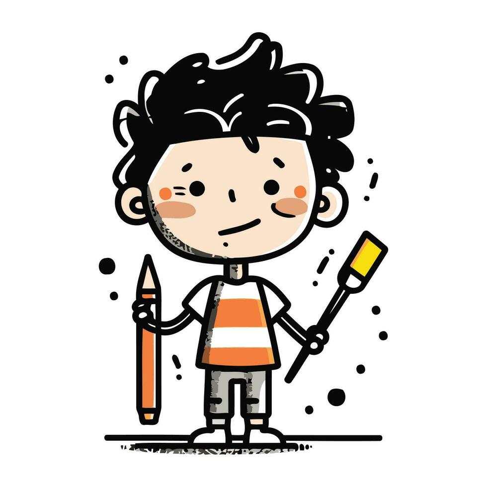 süß Junge mit Bleistift und Farbe Bürste. Vektor Karikatur Illustration.
