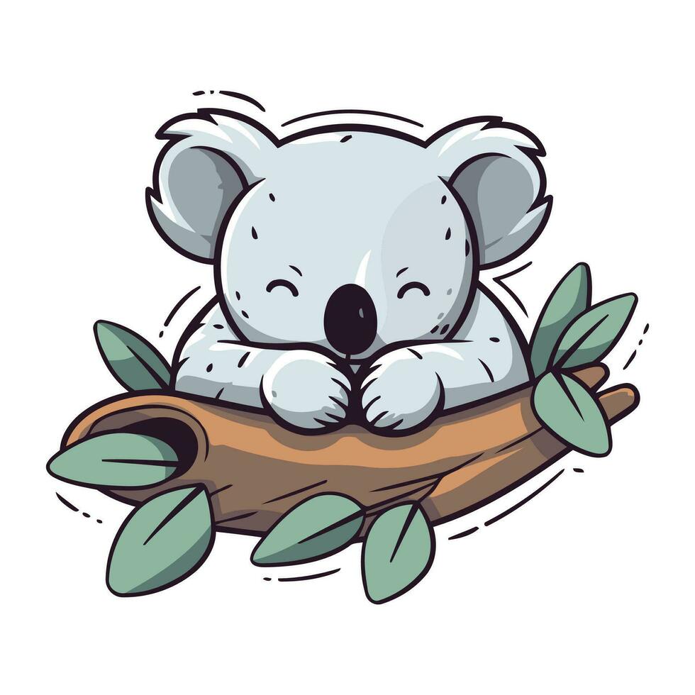 söt koala sovande på eukalyptus gren. vektor illustration.