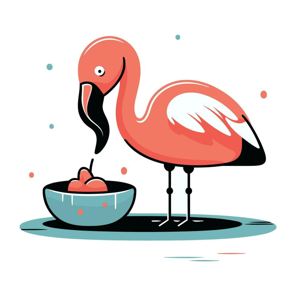 Flamingo im Schüssel mit Soße. Vektor Illustration im eben Stil.