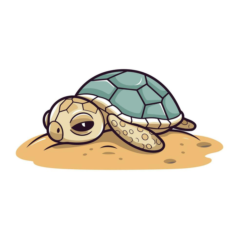 süß Karikatur Schildkröte auf das Sand. Vektor Illustration isoliert auf Weiß Hintergrund.