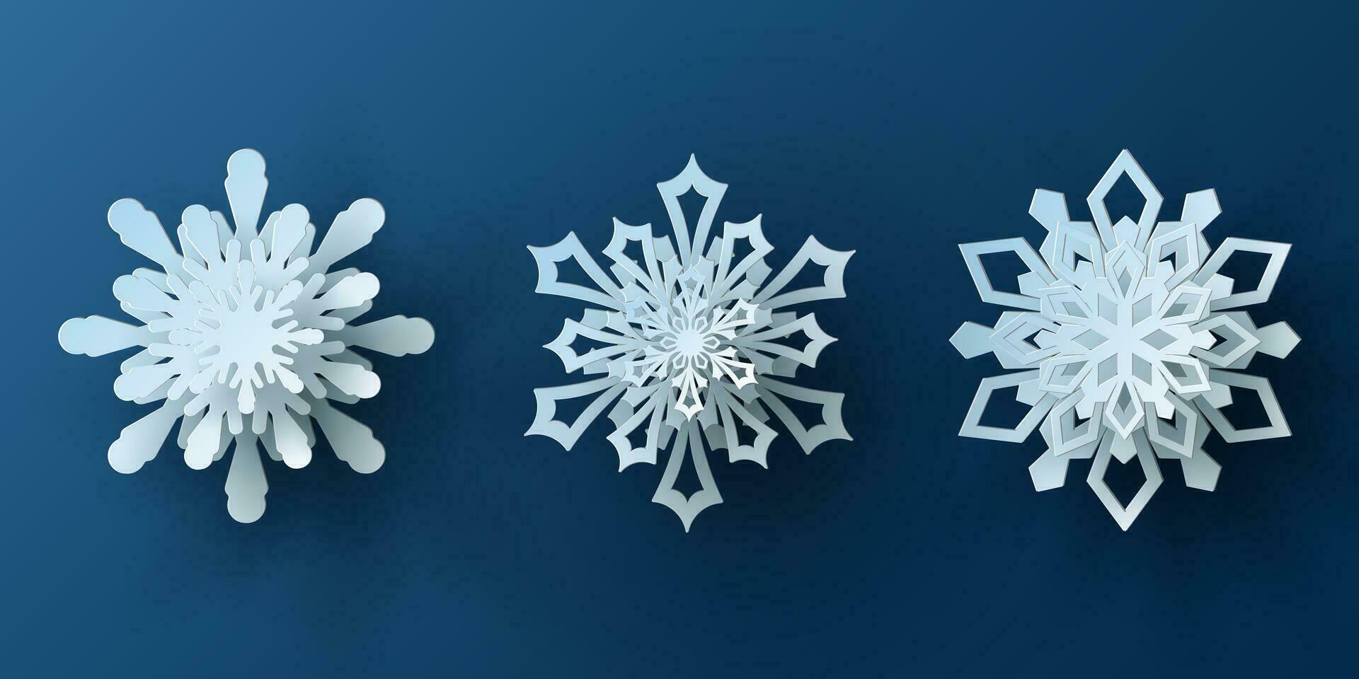 Vektor einstellen Weiß Weihnachten Papier Schnitt 3d Schneeflocke mit Schatten auf Blau farbig Hintergrund. Winter Design Elemente zum Präsentation, Banner, Abdeckung, Netz, Flyer, Karte, Verkauf, Poster, rutschen und Sozial Medien