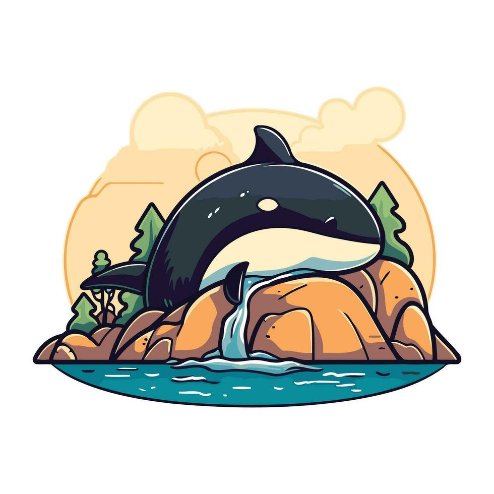 süß Karikatur Mörder Wal auf ein Felsen im das Ozean. Vektor Illustration.