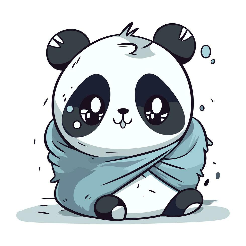 söt tecknad serie panda med en blå scarf. vektor illustration.