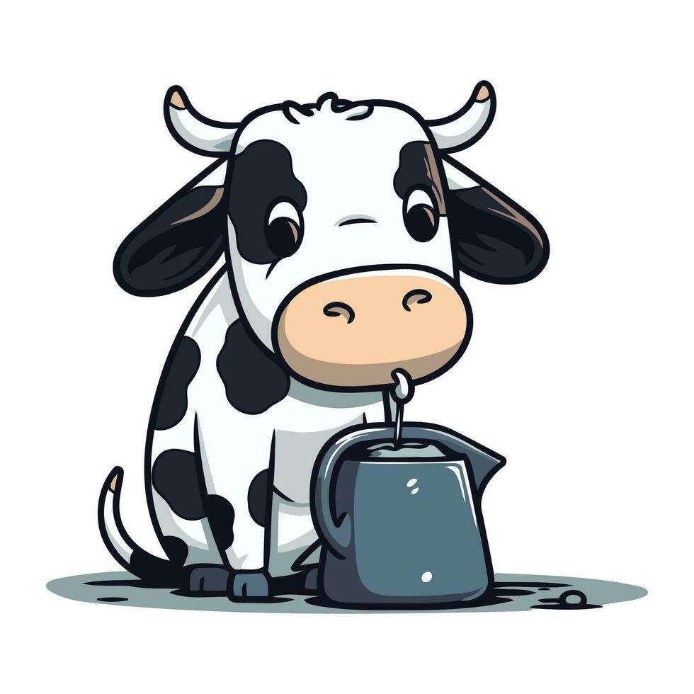 söt tecknad serie ko dricka mjölk från en vattenkokare. vektor illustration.