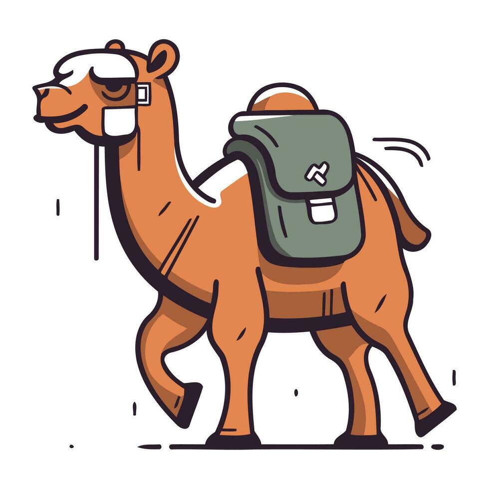 Kamel mit Rucksack. Vektor Illustration im Gekritzel Stil.