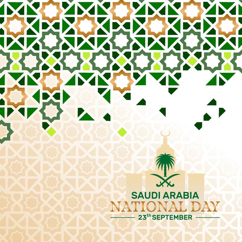 Saudiarabiens nationaldagbakgrund med islamiskt mönster och landmärke vektor