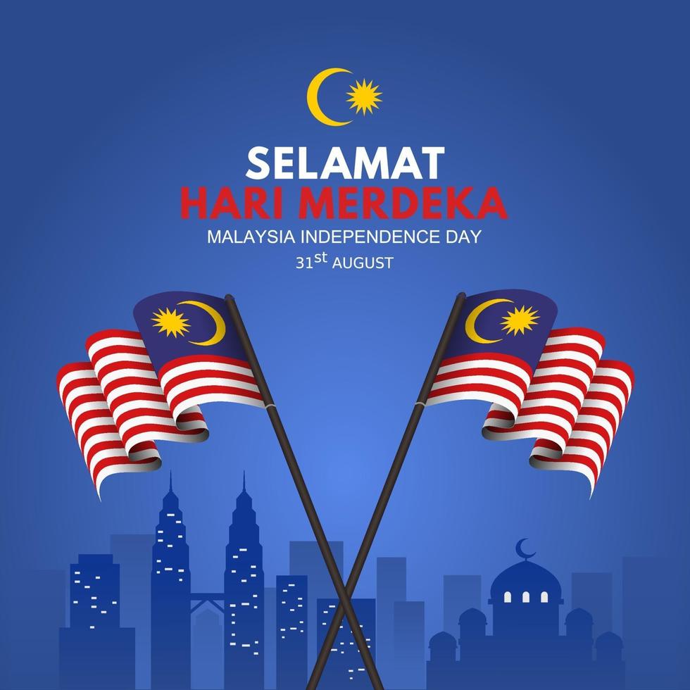 Malaysia självständighetsdag bakgrund med viftande flagga och landmärke vektor