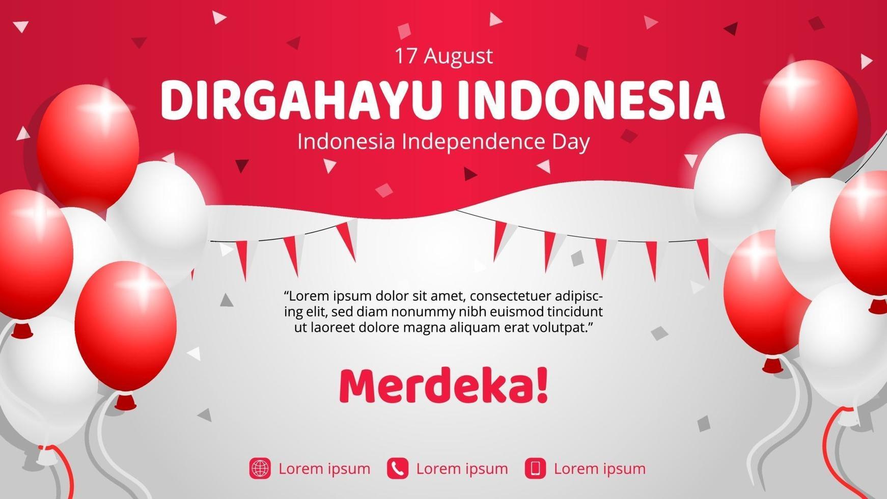 Indonesiens självständighetsdagbanner med konfetti och ballonger vektor