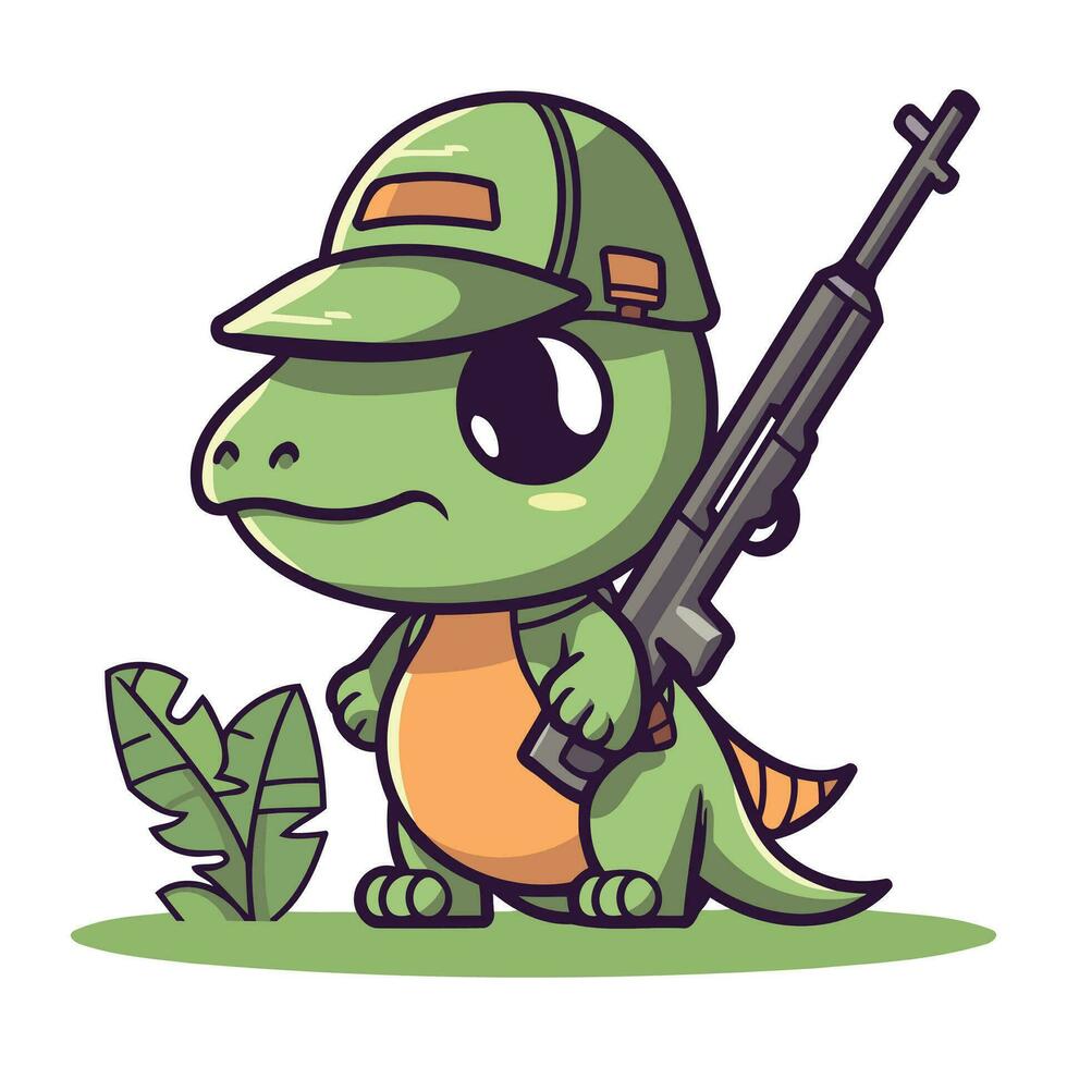 süß Dinosaurier mit ein Gewehr im das Dschungel. Vektor Illustration.