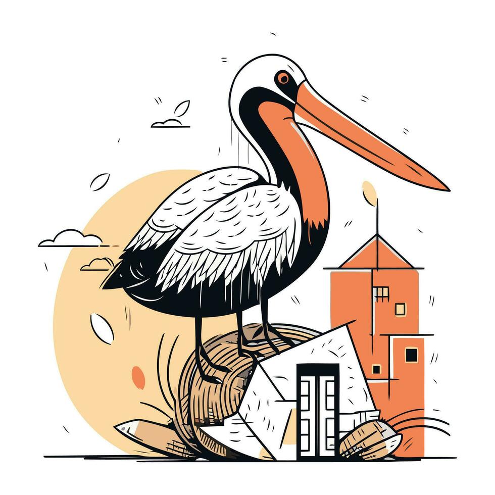 Pelikan mit ein Haus im das Hintergrund. Vektor Illustration.