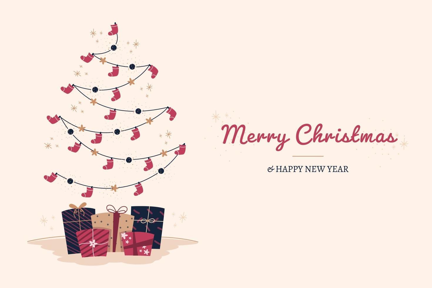 Weihnachtshintergrund mit Baum und netten Geschenkboxen im flachen Design vektor