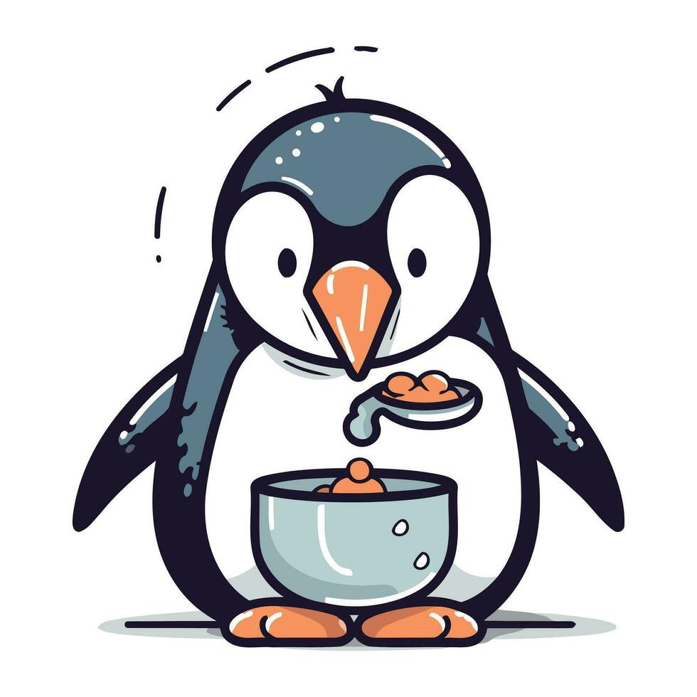 süß Pinguin mit ein Schüssel von Lebensmittel. Vektor Illustration.