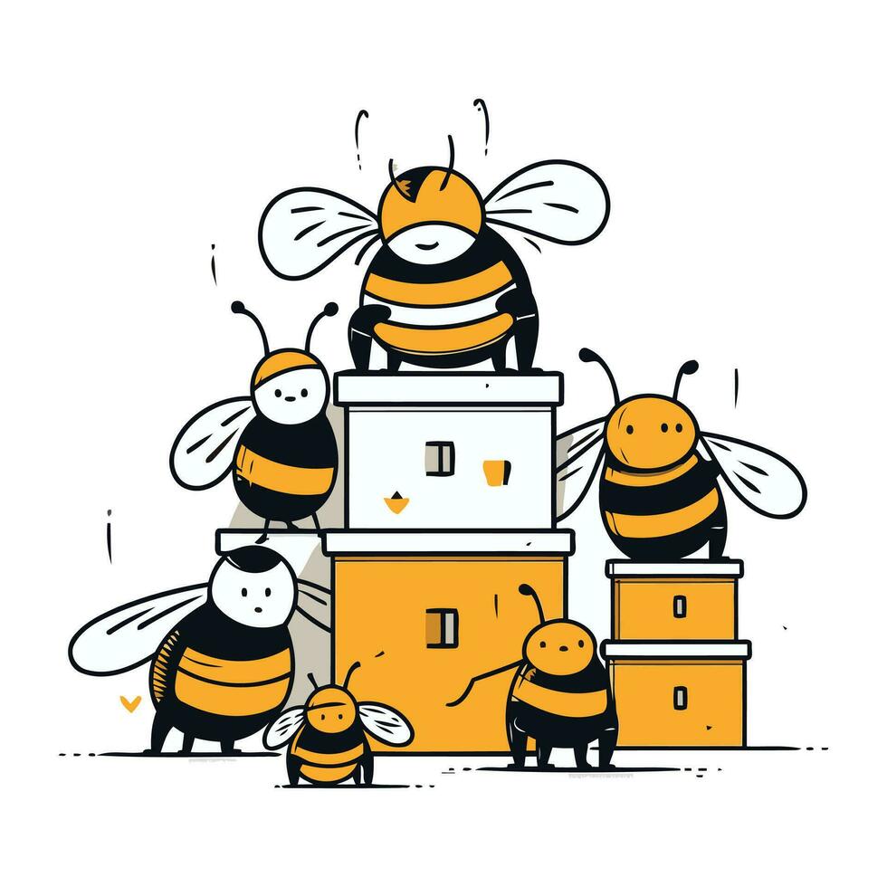 Bienen und Schloss. Vektor Illustration im Gekritzel Stil.