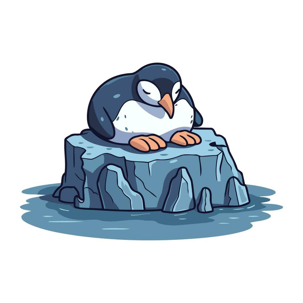 söt pingvin Sammanträde på en sten i de vatten. vektor illustration.