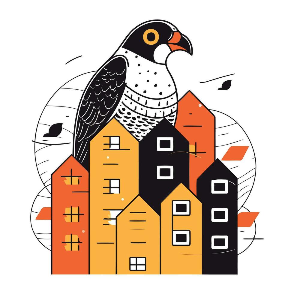 vektor illustration av en fågel på de tak av en hus i de stad.