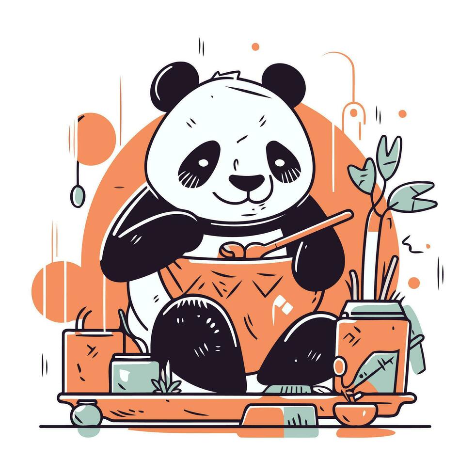 Vektor Illustration von ein Panda Sitzung auf das Tabelle und Essen Sushi.