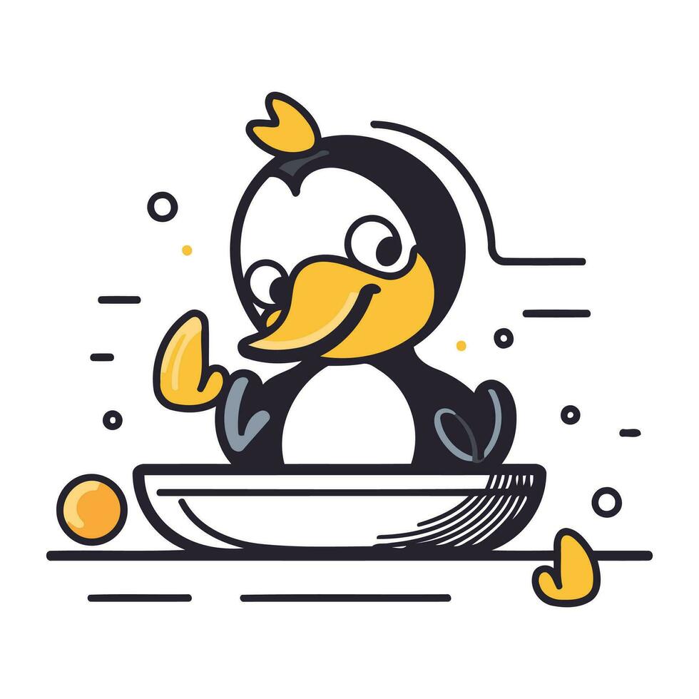 süß Pinguin Sitzung auf das Platte. Vektor linear Illustration.